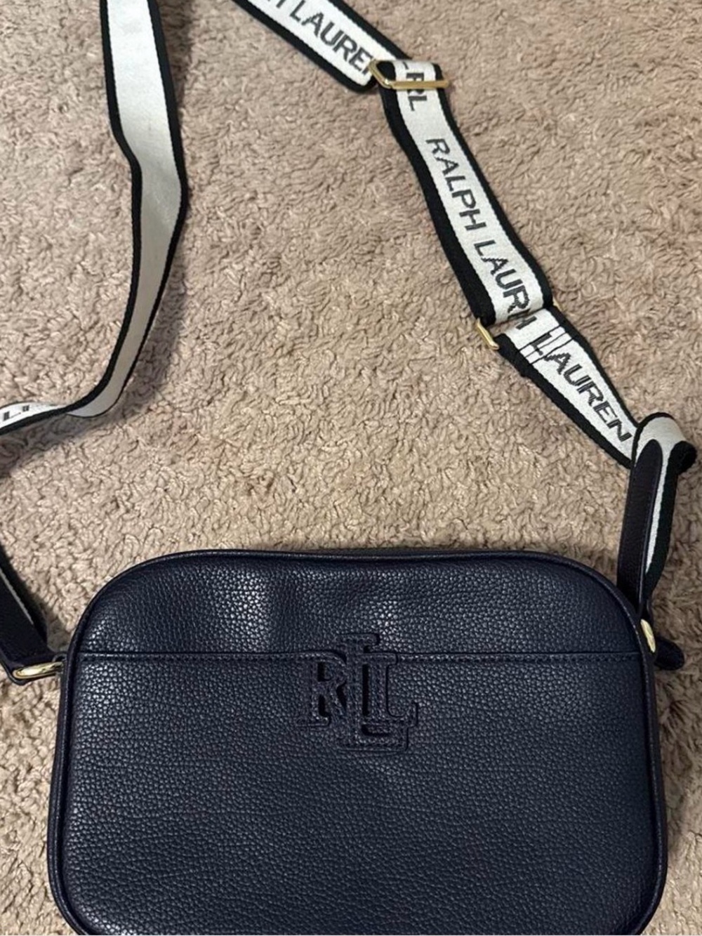 Ralph Lauren Black Pebbled Leather Crossbody Bag with Logo Strap